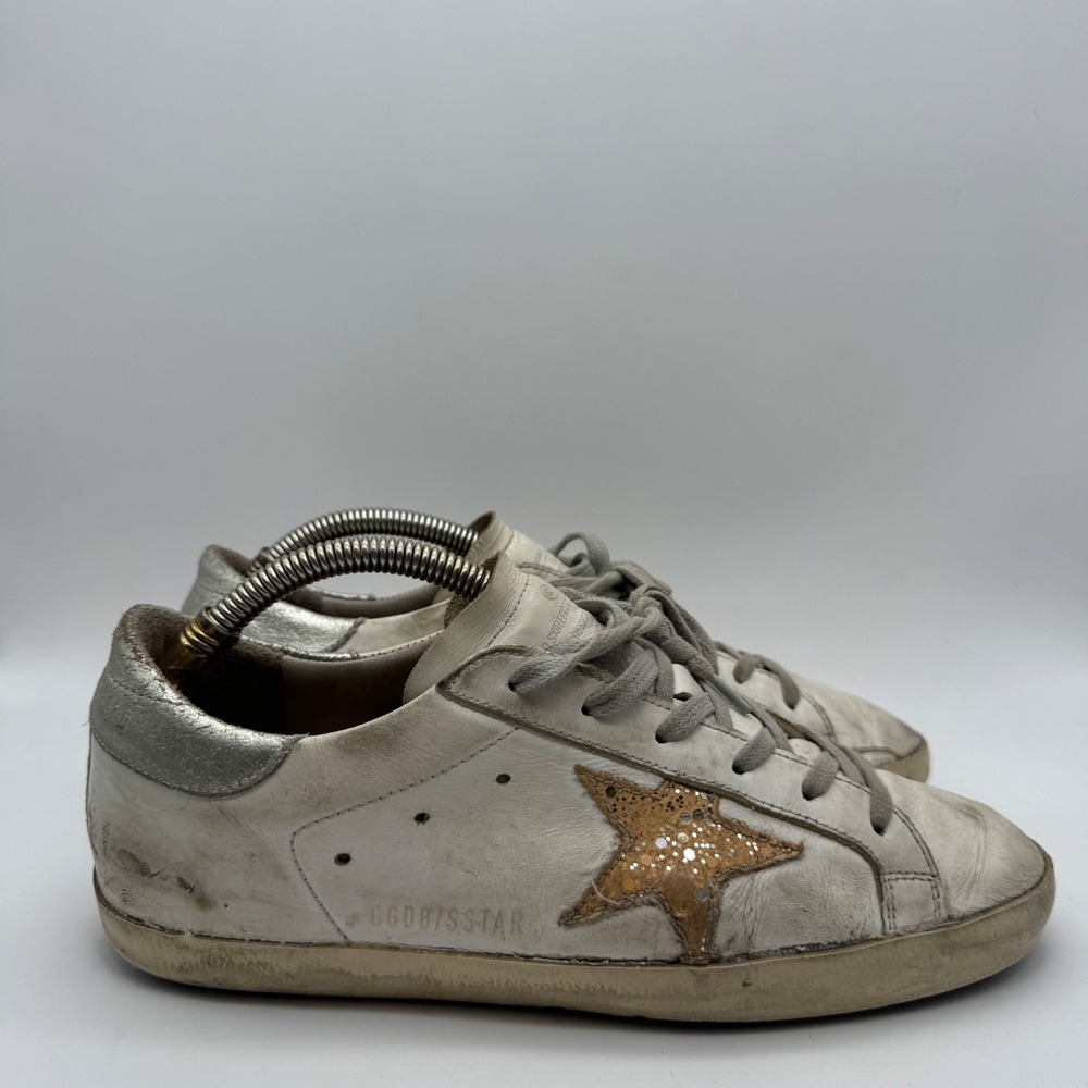 Golden Goose Superstar White Leather Glitter Star Sneakers Silver Heel EU 38
